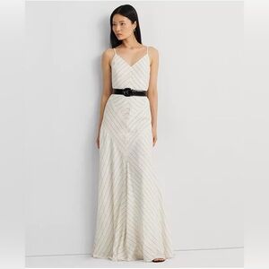 NWT Lauren Ralph Lauren Cream Linen/Viscose Maxi Dress V-Neck